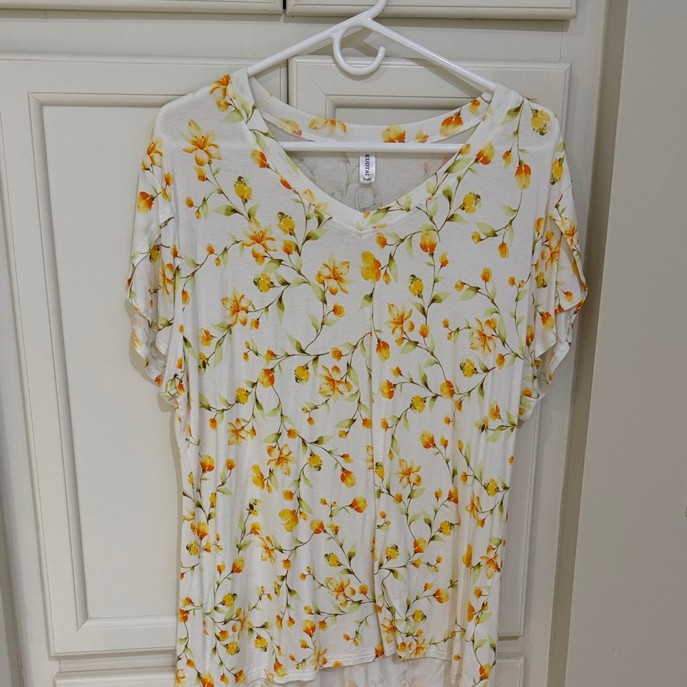 Women's Floral V-Neck Blouse - White with Yellow Floral